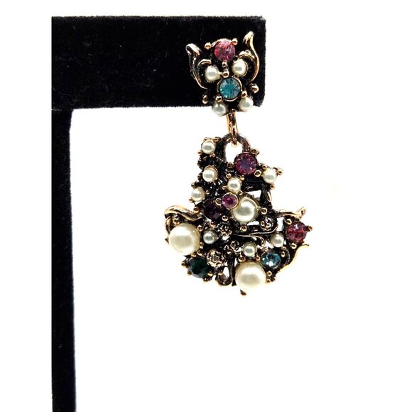 Hollycraft 50s multi color rhinestone faux pearl earrings screw backs unsigned - Picture 3 of 6